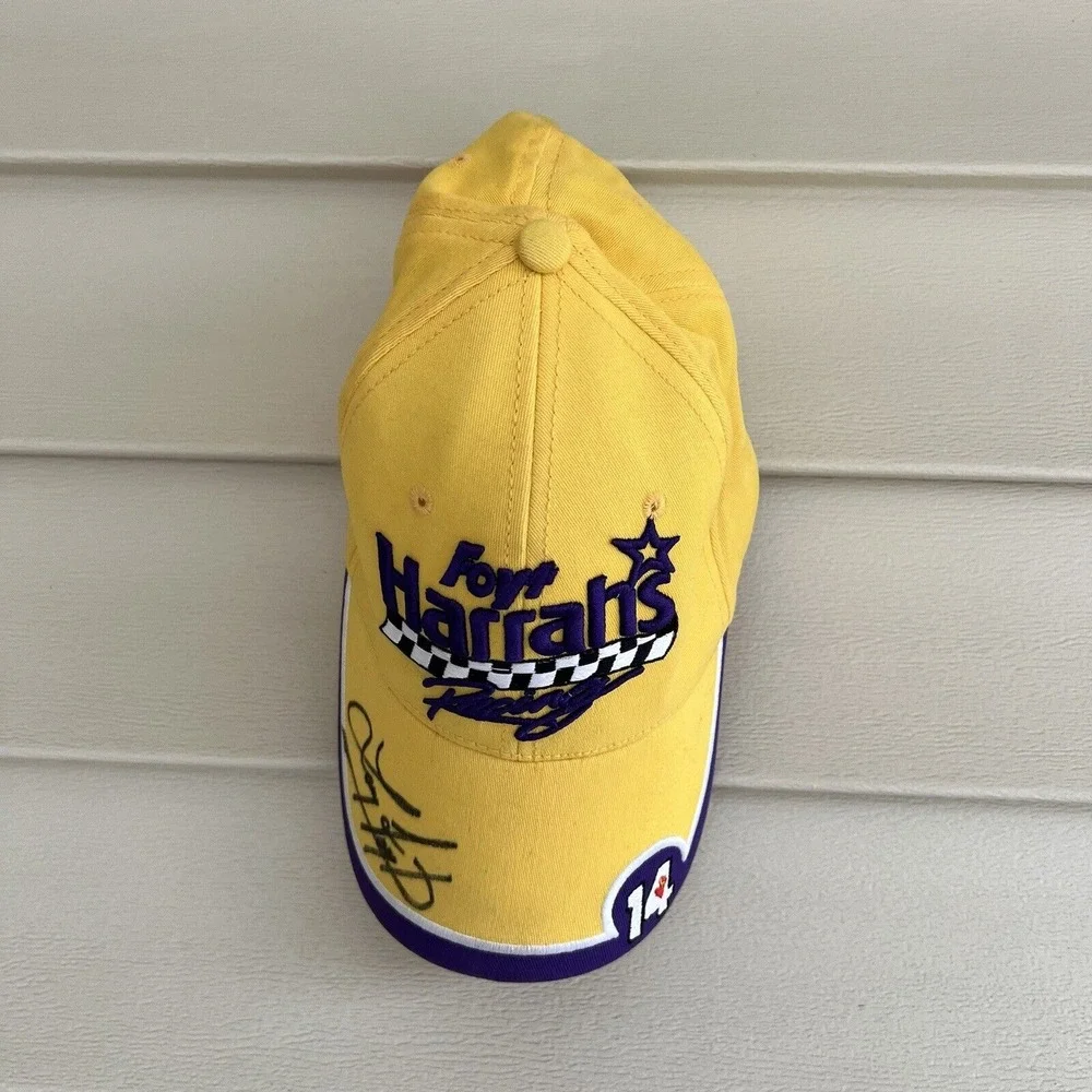 Autographed Nascar Hat Cap Purple Yellow Harrahs Racing Larry Foyt